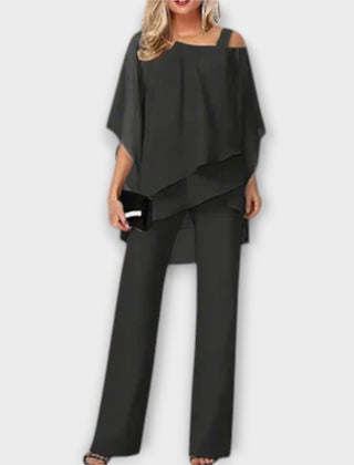Black chiffon draped cold-shoulder top with wide-leg trousers evening set