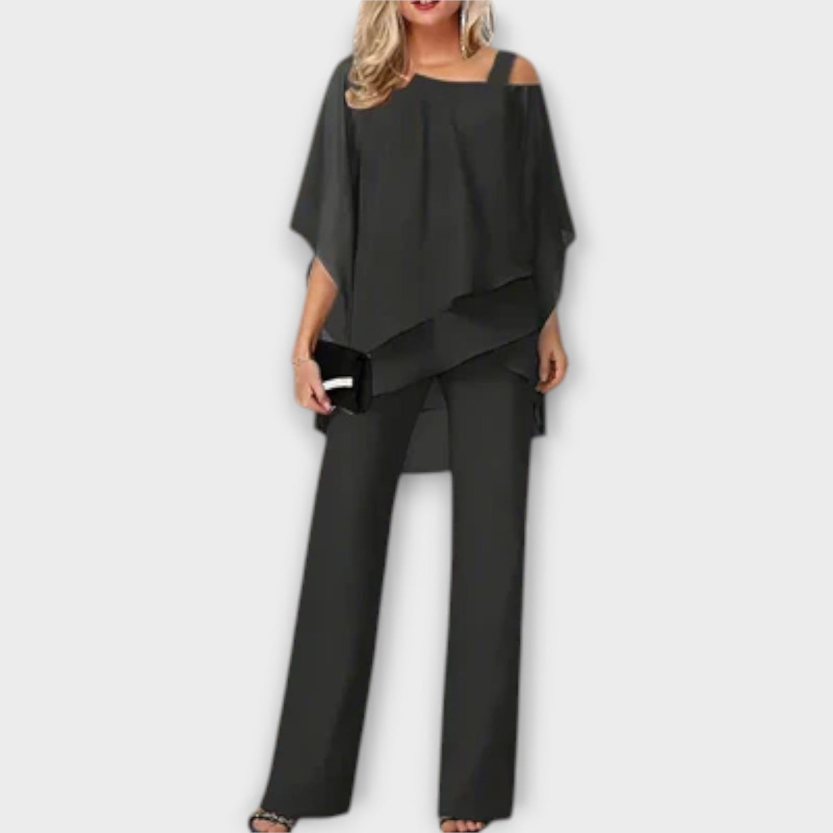 Black chiffon draped cold-shoulder top with wide-leg trousers evening set
