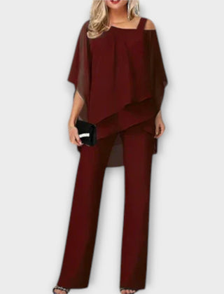 Burgundy chiffon cold-shoulder cape top and wide-leg trousers evening set
