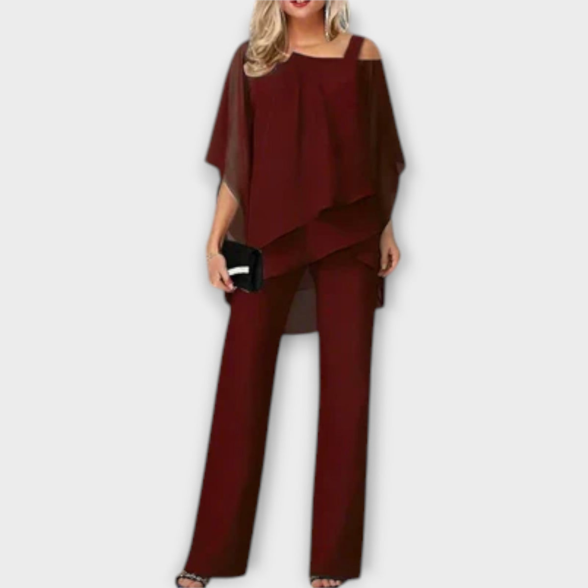 Burgundy chiffon cold-shoulder cape top and wide-leg trousers evening set