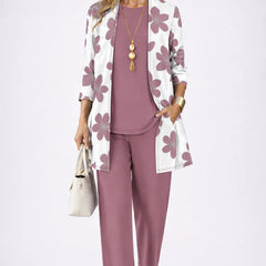 Rose 3-piece set with open-front floral cardigan, mauve top, and matching slim pants