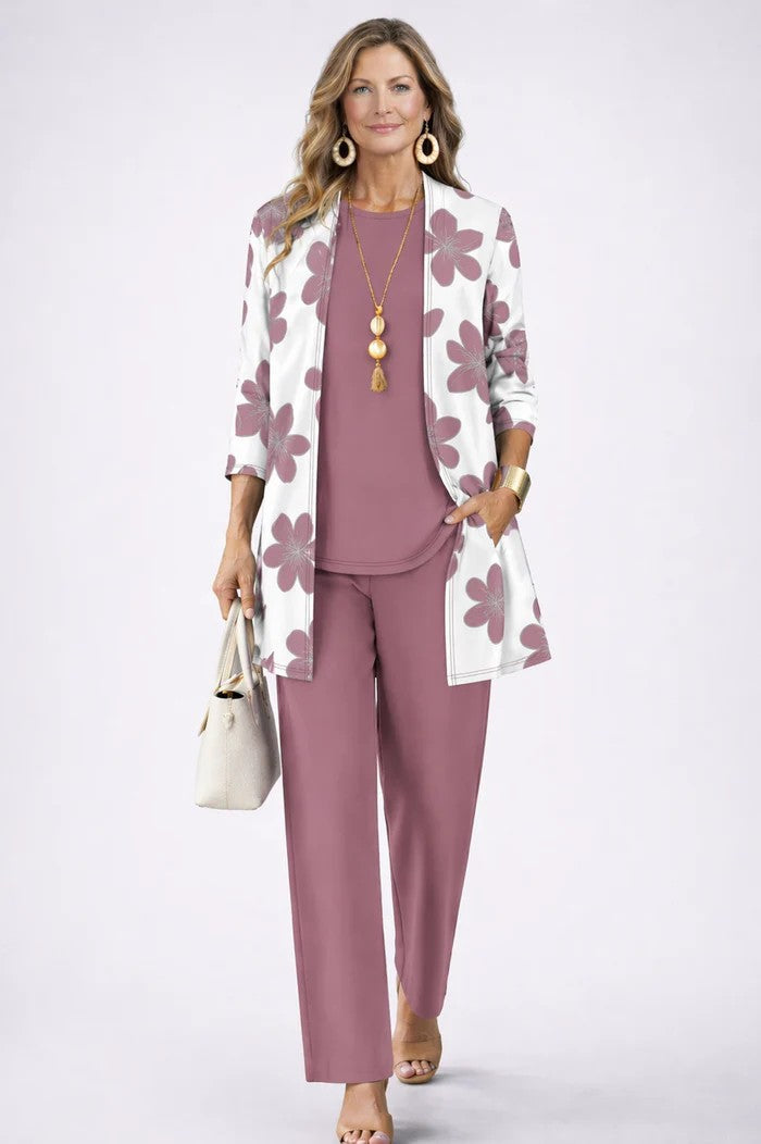 Rose 3-piece set with open-front floral cardigan, mauve top, and matching slim pants