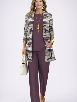 Plum purple 3-piece set with draped top, tailored pants, and patterned jacket