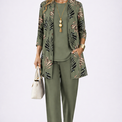 Olive green 3-piece outfit with leaf-print open jacket, matching top, and straight trousers