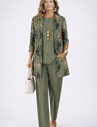 Olive green 3-piece outfit with leaf-print open jacket, matching top, and straight trousers