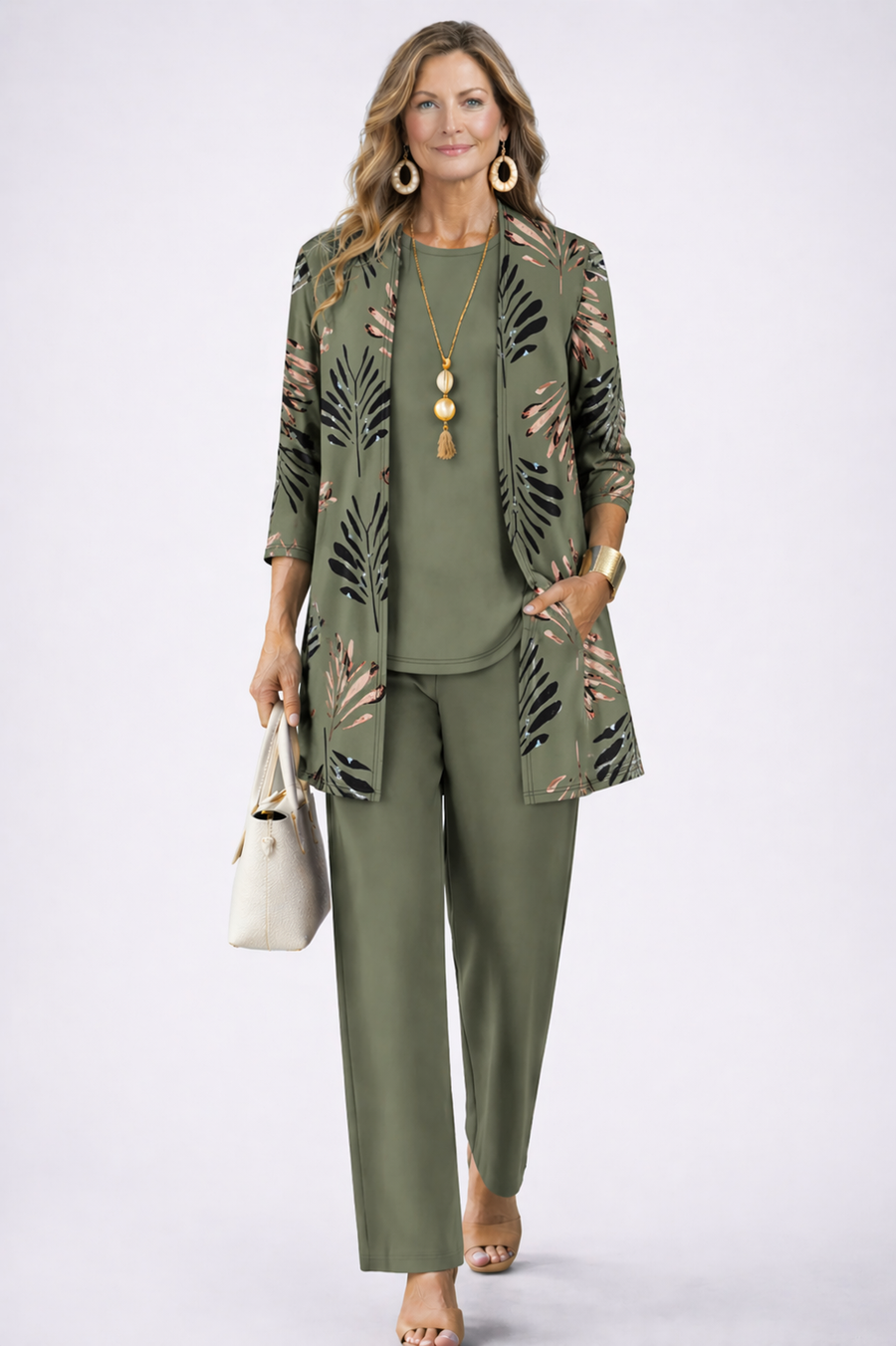 Olive green 3-piece outfit with leaf-print open jacket, matching top, and straight trousers