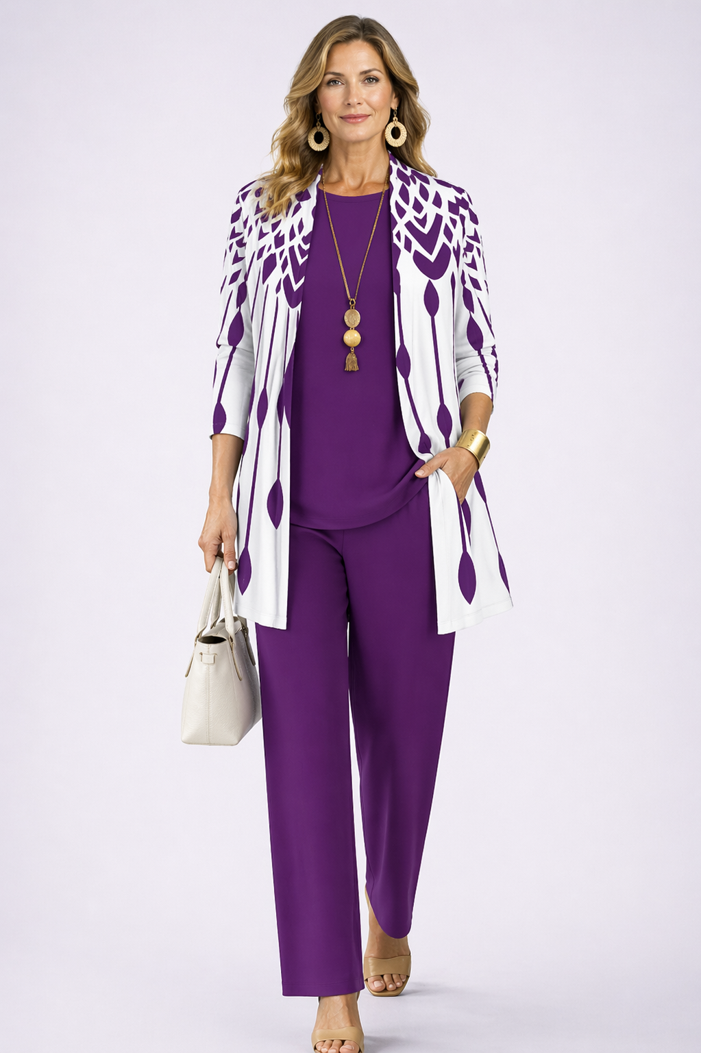 3-piece women's set: purple knit top, slim trousers, white-and-purple printed jacket