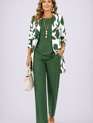 Women's 3-piece set: green tunic and trousers with white leaf print jacket, necklace