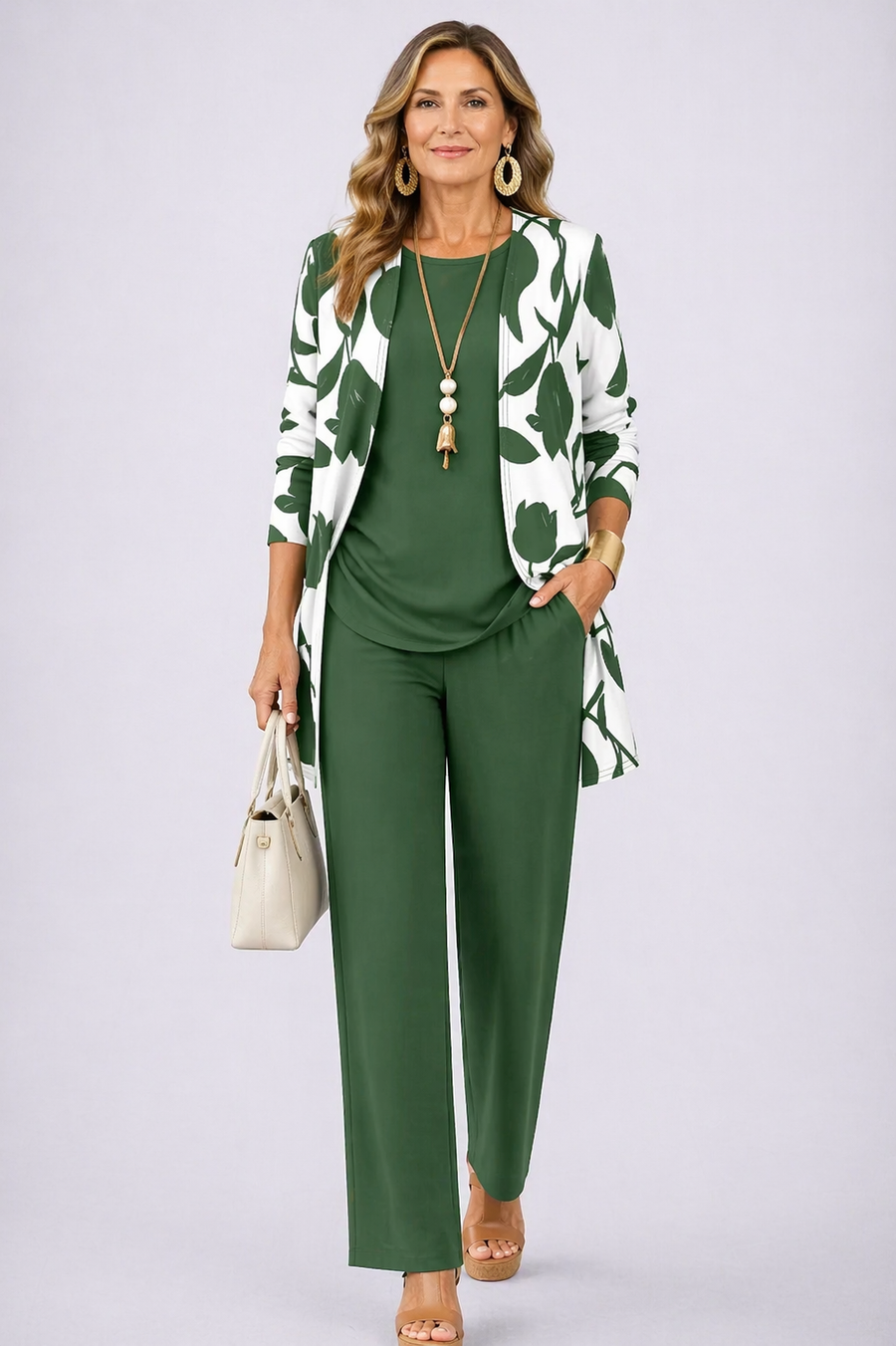 Women's 3-piece set: green tunic and trousers with white leaf print jacket, necklace