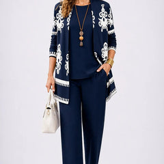 Navy blue 3-piece set with white patterned cardigan and matching top and straight pants