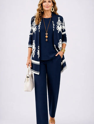 Navy blue 3-piece set with white patterned cardigan and matching top and straight pants