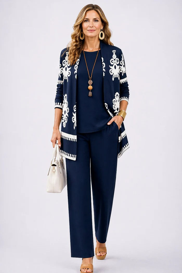 Navy 3-piece outfit with ornate border cardigan, matching top, and straight trousers