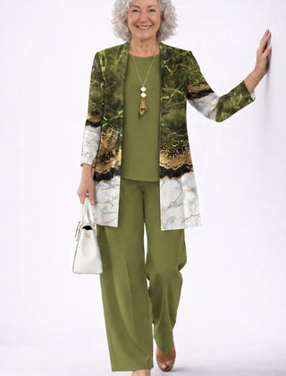 Women’s 3-piece set in olive green with top and pants, plus leaf-pattern open jacket.