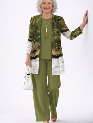 Olive green 3-piece set with patterned open-front jacket over matching top and pants