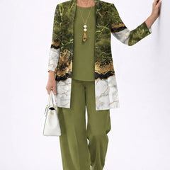 Olive green 3-piece set with open-front printed jacket and matching slim pants