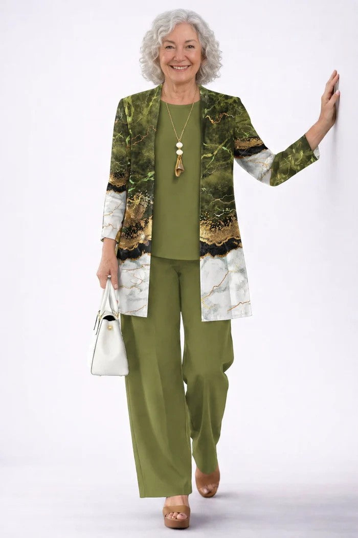 3-piece set with olive green top and pants and patterned open jacket