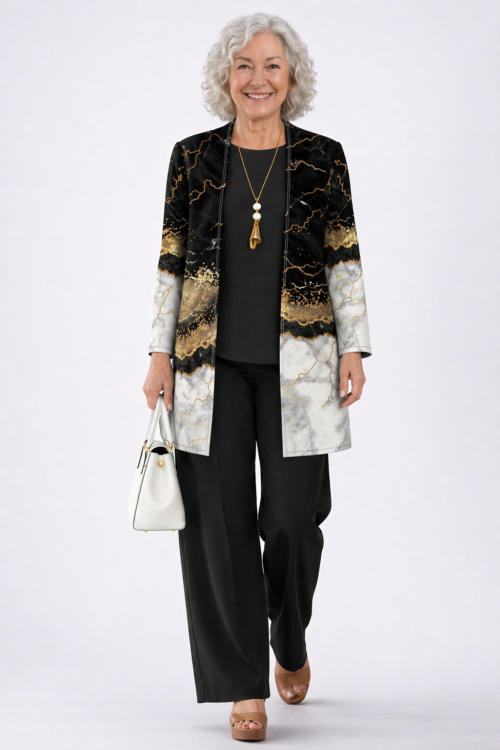 3-piece black jacket with gold marble print, black top and pants