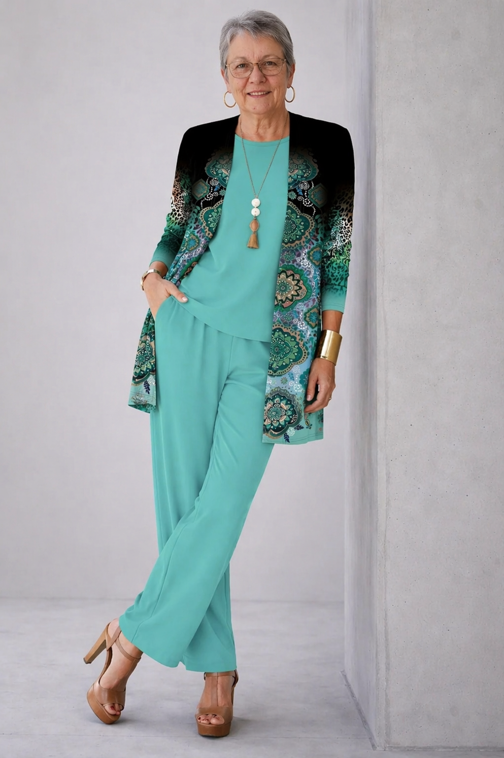Teal green 3-piece set with long cardigan and patterned overlay trousers