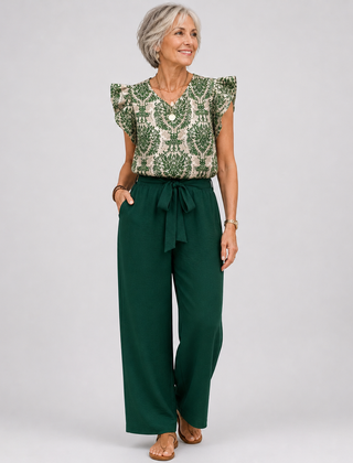 Dark green paisley blouse and wide-leg pants set