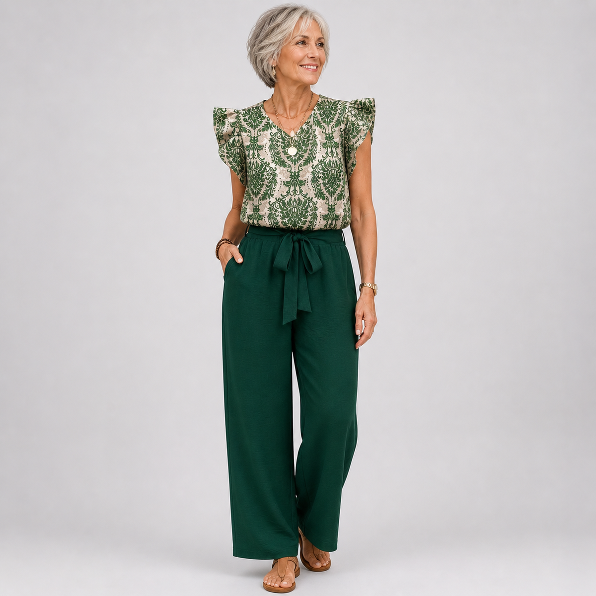 Dark green paisley blouse and wide-leg pants set