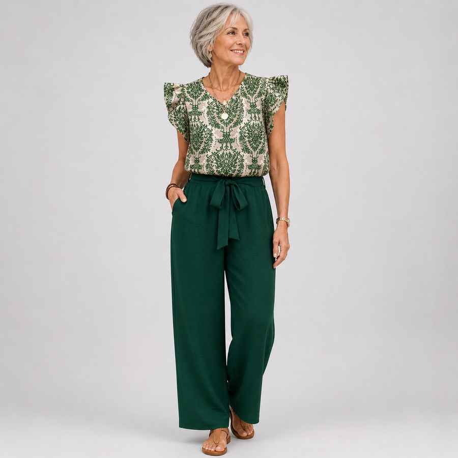 Dark green paisley blouse and wide-leg pants set