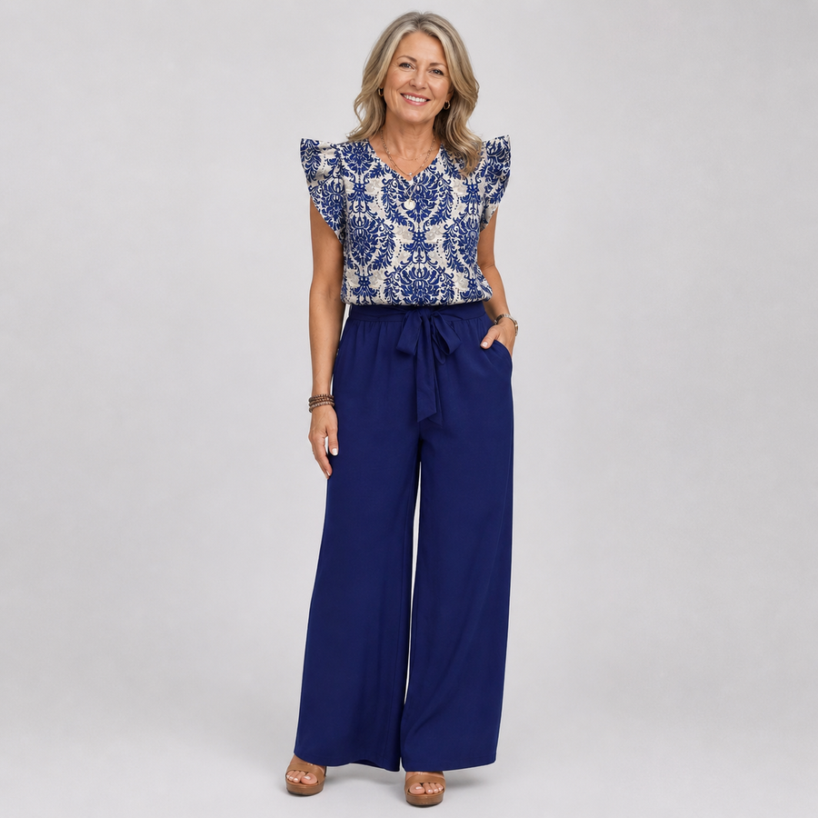 Deep blue paisley blouse and wide-leg pants set