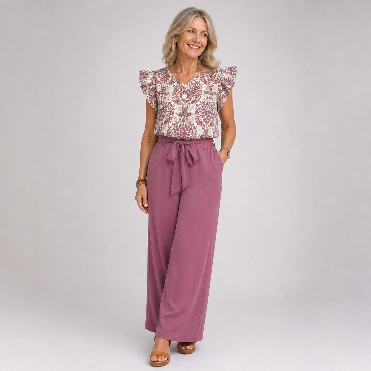 Pink paisley blouse and wide-leg pants set