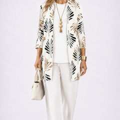 Ivory 3-piece set with open-front leaf print jacket, white top, and white slim pants