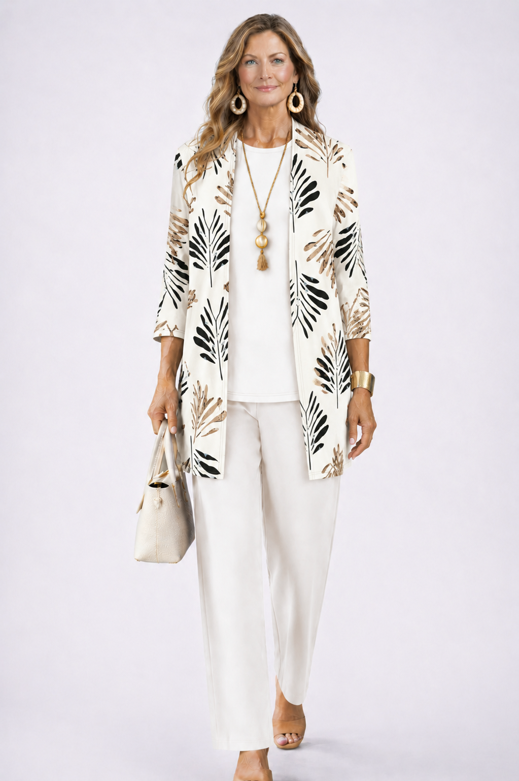 Ivory 3-piece set with open-front leaf print jacket, white top, and white slim pants