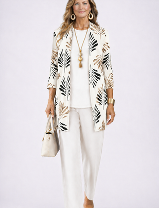 Women’s 3-piece set with white top and pants, paired with an ivory leaf-print jacket.