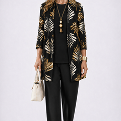 Women’s 3-piece set in black with top and pants, plus gold-and-ivory leaf open jacket.