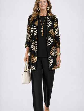 Black 3-piece set with open-front gold leaf print jacket and matching black slim pants