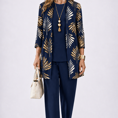 Navy 3-piece set with open-front gold leaf print jacket and matching slim pants