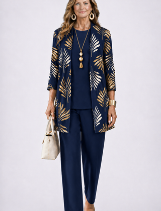 Navy 3-piece set with open-front gold leaf print jacket and matching slim pants