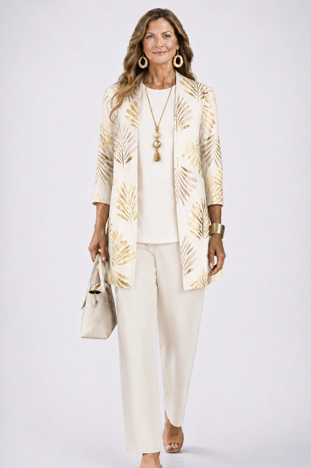 Women’s 3-piece set with cream top and pants, plus ivory leaf-print open-front jacket.