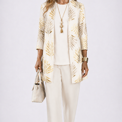 Cream 3-piece set with open-front leaf print jacket, light top, and slim matching pants