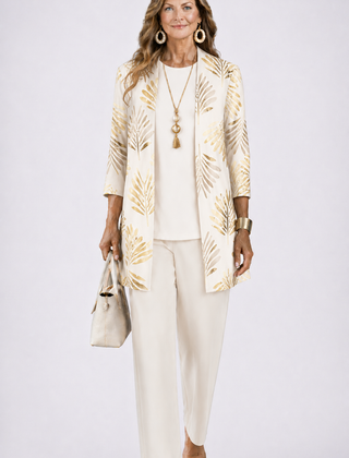 Cream 3-piece set with open-front leaf print jacket, light top, and slim matching pants