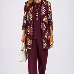 Burgundy 3-piece set with open-front gold leaf print jacket and matching slim pants