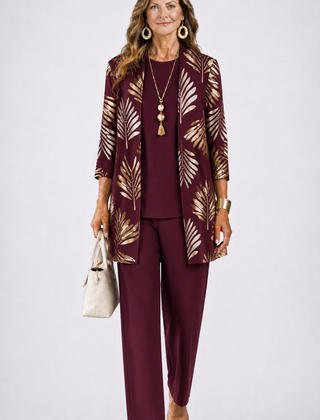 Burgundy 3-piece set with open-front gold leaf print jacket and matching slim pants