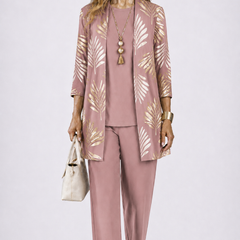 Dusty rose 3-piece outfit with leaf-print open jacket, matching blouse, and tapered pants