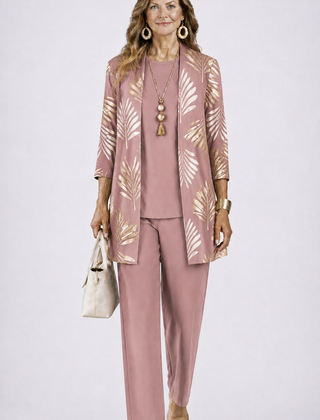 Dusty rose 3-piece outfit with leaf-print open jacket, matching blouse, and tapered pants
