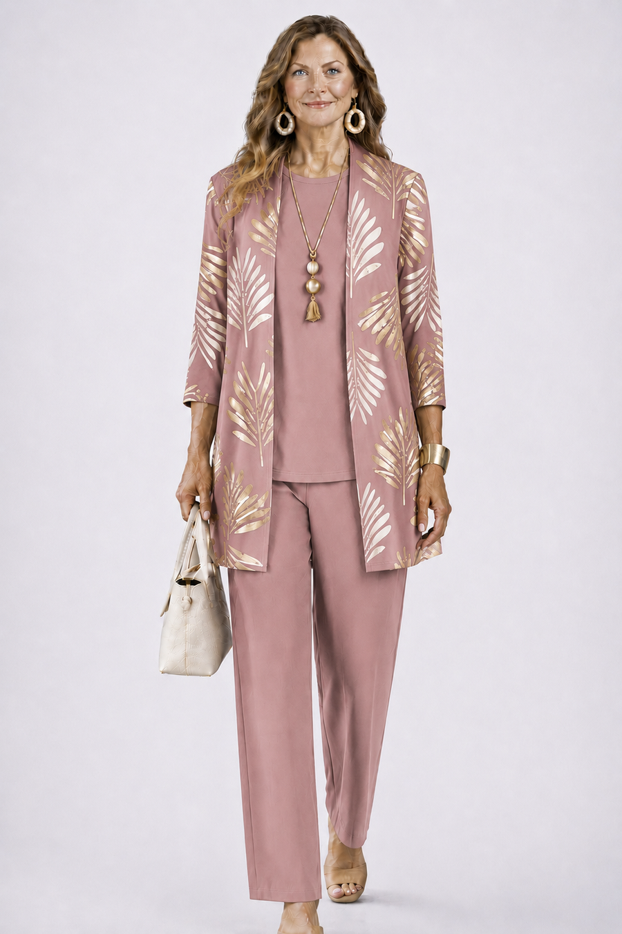 Dusty rose 3-piece outfit with leaf-print open jacket, matching blouse, and tapered pants