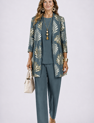 Blue-green 3-piece set with open-front leaf print jacket, teal top, and slim matching pants