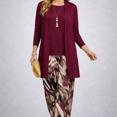 Women's maroon 3-piece outfit set with long cardigan and printed wide-leg pants