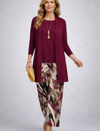 Women's maroon 3-piece outfit set with long cardigan and printed wide-leg pants