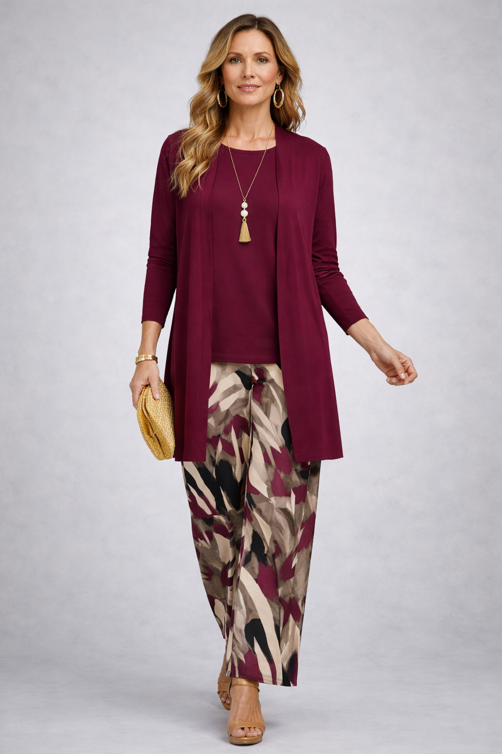 Women's maroon 3-piece outfit set with long cardigan and printed wide-leg pants
