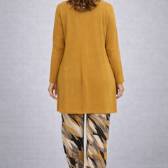 Women's yellow long tunic and printed wide-leg pants 3-piece set, back view