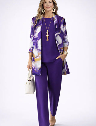 Purple 3-piece set with white-pattern kimono jacket and straight-leg pants