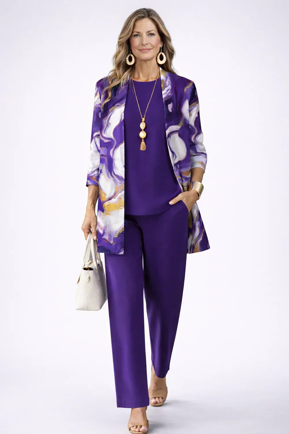 Purple 3-piece set with white-pattern kimono jacket and straight-leg pants