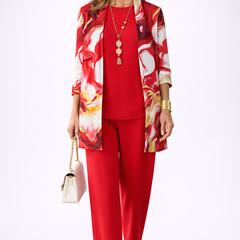 Red 3-piece pants set: printed satin jacket, red top, straight red trousers